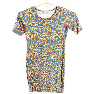 LuLaRoe Midi Dress Women Size L Blue Orange All Over Print Short Sleeve Stretch